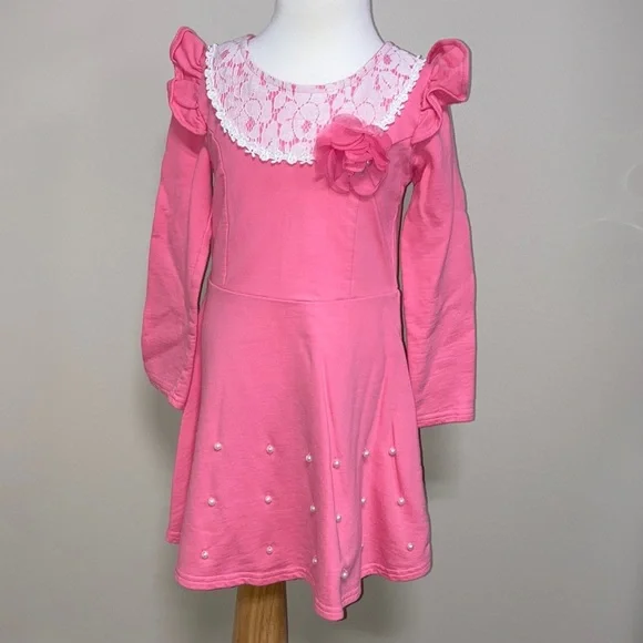 dolce liya | Dresses | Dolce Liya Pink Long Sleeve Lace And Pearl Dress 67  | Poshmark